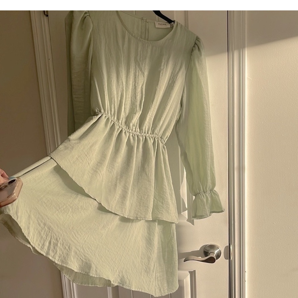 Anthropologie FLOUNCE sea green long sleeve feminine and luxurious ruffle dress - Picture 5 of 11